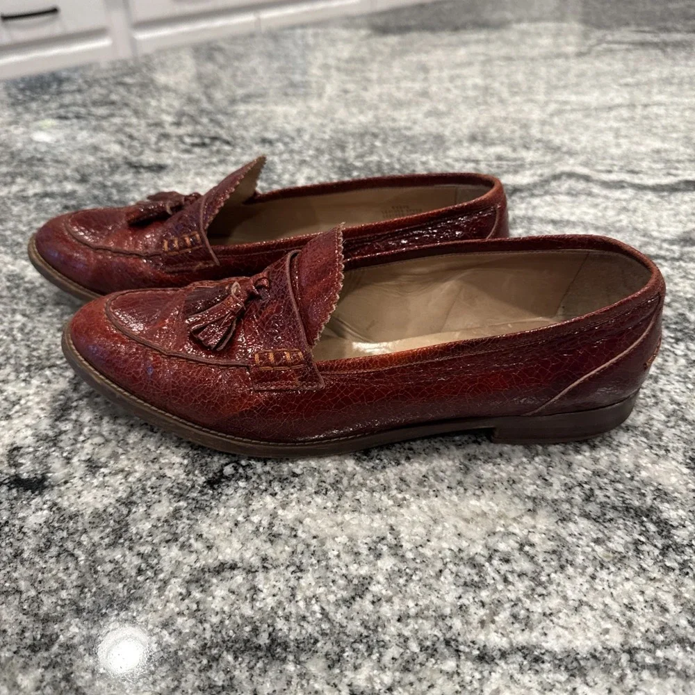 J.CREW BIELLA CRACLED LEATHER LOAFERS E0843‎ SIZE 9.5 WARM SEPIA ITALY